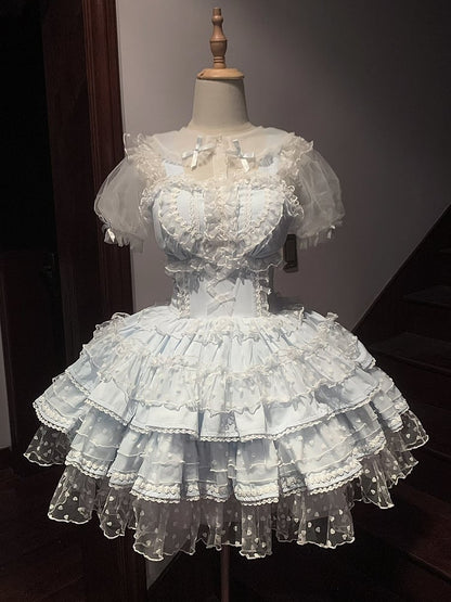 Polka-dot Hime Lolita Hanayome Lolita Kleid Muster Herz Blau JSK Rüschen Herz Vorne