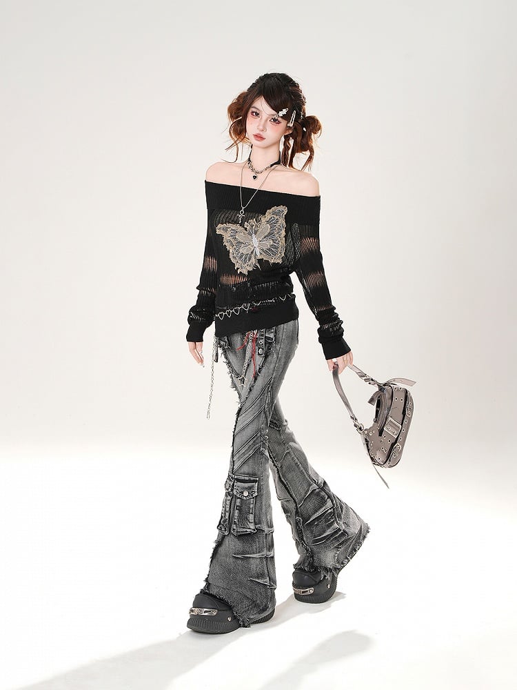 ウォッシュフレアジーンズ カーゴポケット 切りっぱなし裾 ダメージ加工 フェードブラック