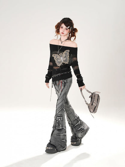 ウォッシュフレアジーンズ カーゴポケット 切りっぱなし裾 ダメージ加工 フェードブラック