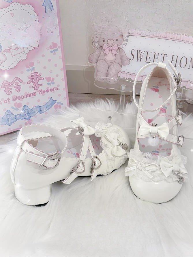 in with White PU Mid-heel Janes Mary Leather Bow Accents