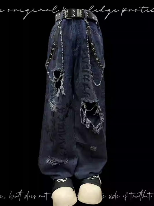 Raw Hem Punk Jeans Blau Distressed Holes