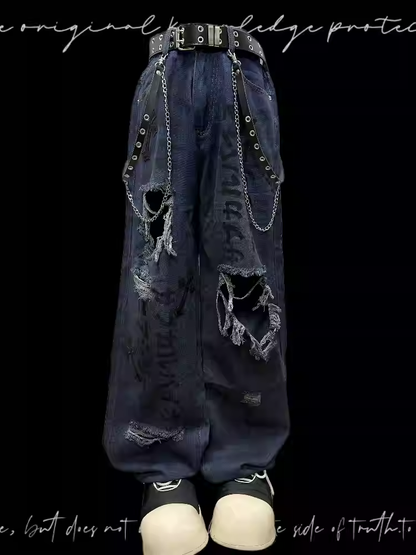 Raw Hem Blue Distressed Holes Jeans Punk