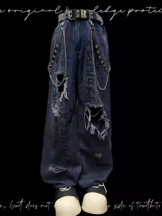 Raw Hem Blue Distressed Holes Jeans Punk