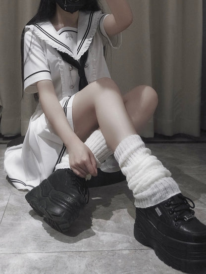 Pleated Sleeves White Navycore JK + Collar Short Skirt Uniform Sailor Set- Top