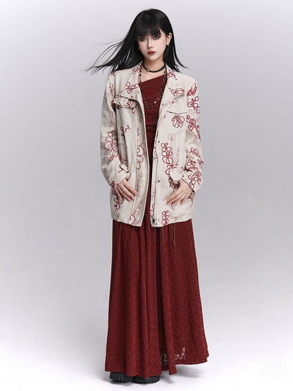 Rot Apricot Stickerei Trenchcoat Klappe Floral Leinen Taschen mit Vier