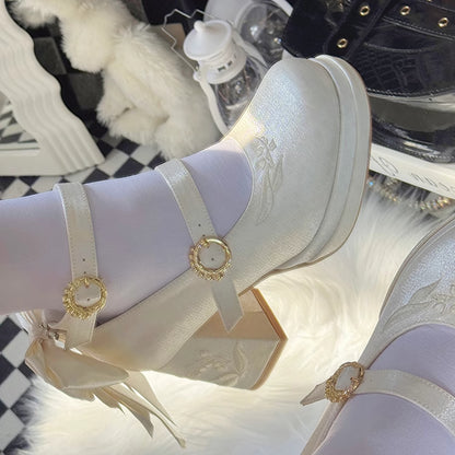 メアリーのミドルヒール、取り外し可能なホワイトリリー刺繍、サテンバレーボウノットジェーンズ