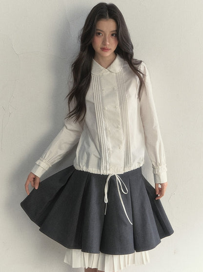 Drawstring White Vintage Shirt Double-breasted