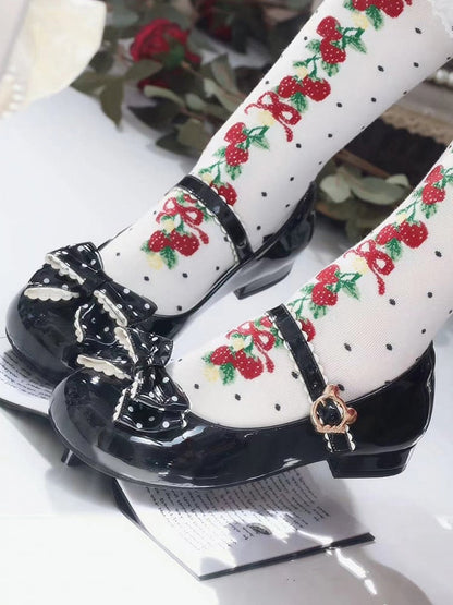 with Black Pattern Clasp Dot PU Shoes and Adorable in Bow Round Bear Low-heel Toe