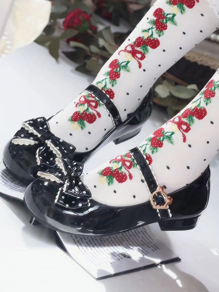 with Bear Round Low-heel Pattern Black and Toe Adorable Dot Clasp Bow in PU Shoes