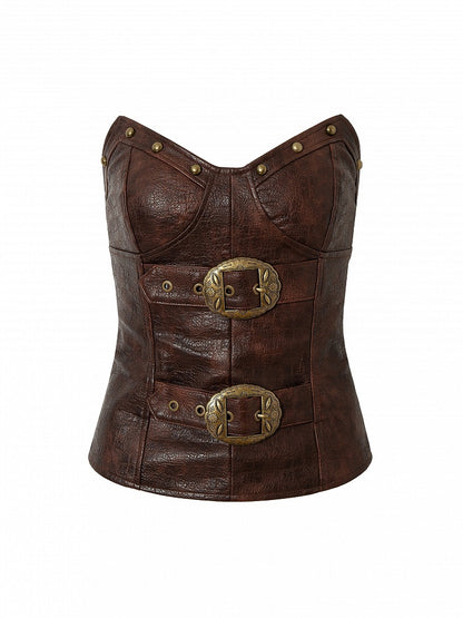 Reddish Brown PU with Heart-Shaped Buckle Design Bustier Top