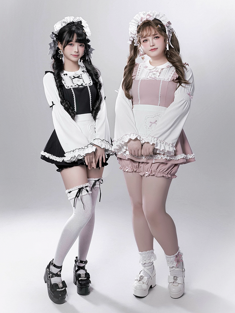 - Baggy Top Jirai Kei Maid-Inspired Black/Pink Three-Piece Set Sleeve