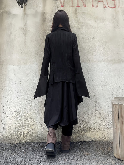 Black Notched Collar Bell Sleeves Punk Asymmetrical Shirt Appliques