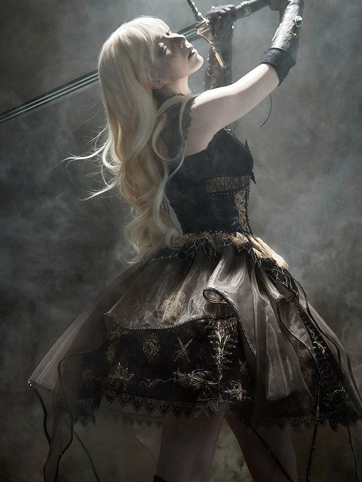 Brown & Gold Bone Dragon Embroidery Halter Neck Gothic Lolita Dress Set - Ying Luo Fu