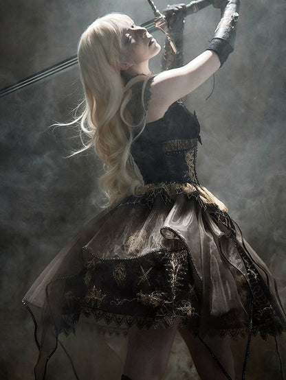 Brown & Gold Bone Dragon Embroidery Halter Neck Gothic Lolita Dress Set - Ying Luo Fu