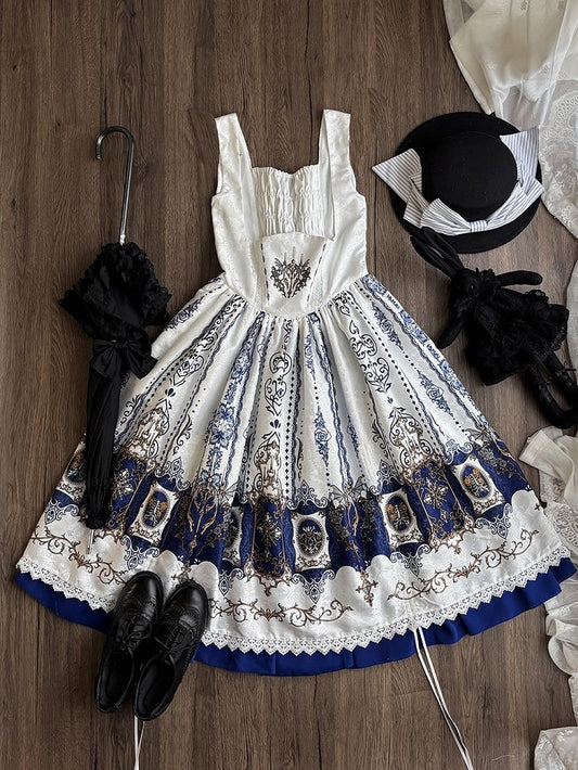 Lolita Candelabras Bat Dress Blue Print White JSK Wings Gothic Dark Drawstring