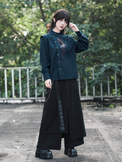 Navy Stand-Collar Asymmetric Shirt with Skeleton Whale Embroidery - Quirky Hut