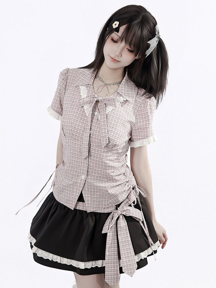Dark Gray Double Layer Skirt with Lace Trim & Plaid Belt - PINK SAVIOR