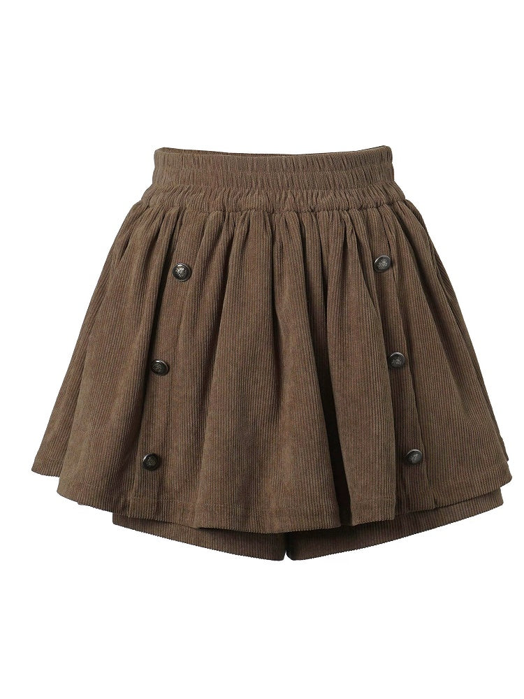 Fall Kawaii Brown Corduroy Skirt with Button Accents - PINK SAVIOR