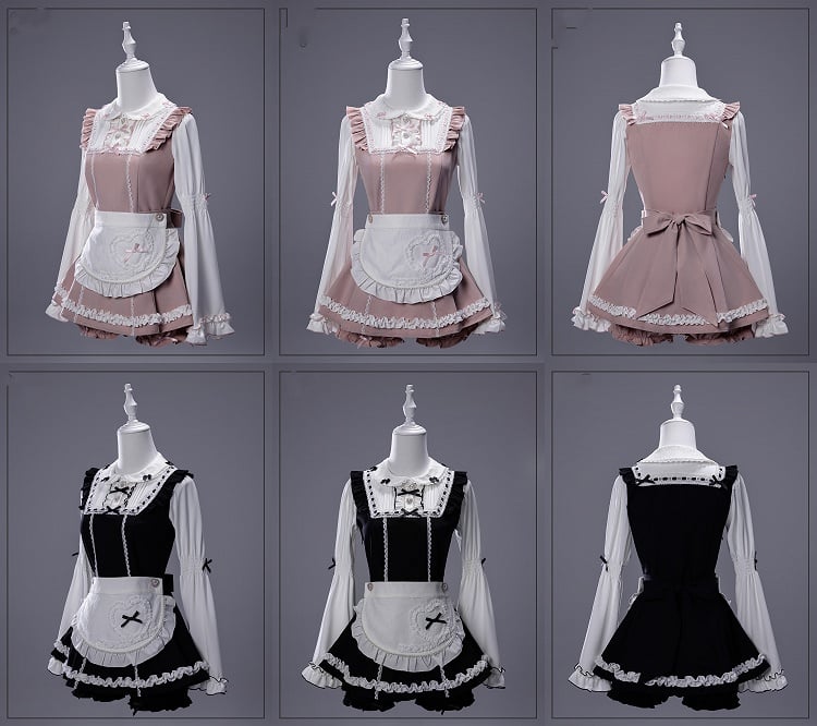 - Baggy Top Jirai Kei Maid-Inspired Black/Pink Three-Piece Set Sleeve