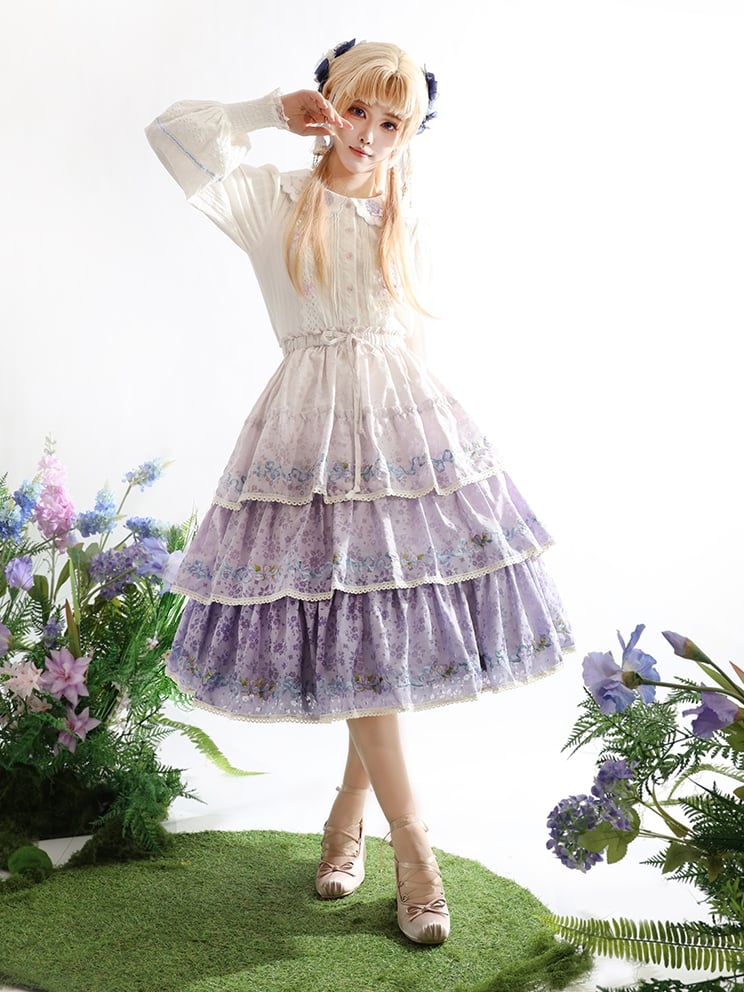 Ombre Violet Tiered Skirt Iris Embroidery Delicate