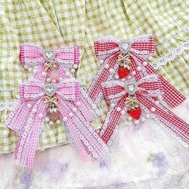 Color Decorated Rhinestone Hairclips 4 Charm Options Beaded Pattern Strawberry Heart Plaid And