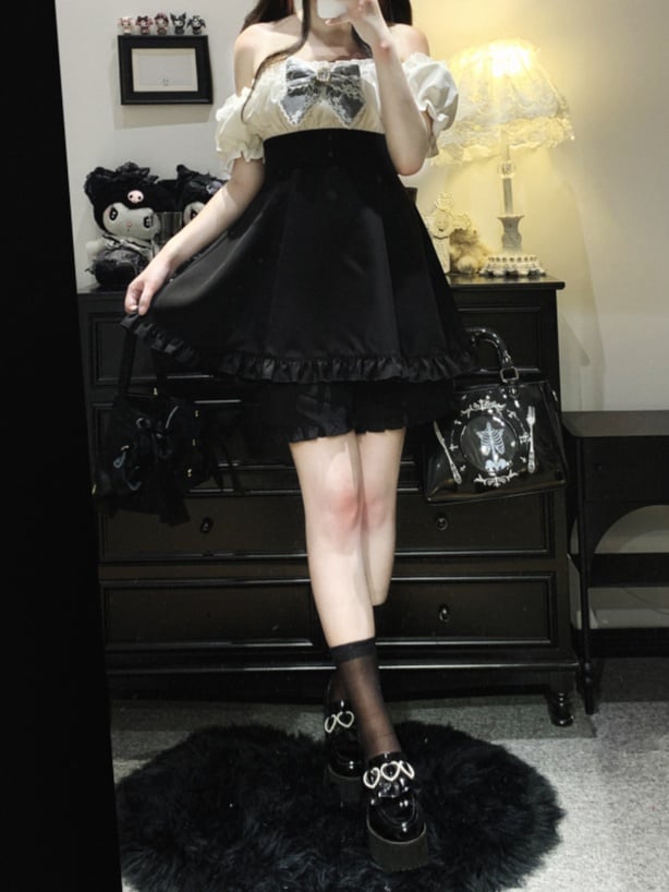 オフショルダーネックラインミニドレス＆ショーツセット ジライケイ ブラック/ピンク/ブルー