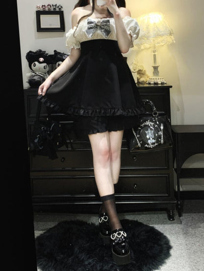 オフショルダーネックラインミニドレス＆ショーツセット ジライケイ ブラック/ピンク/ブルー