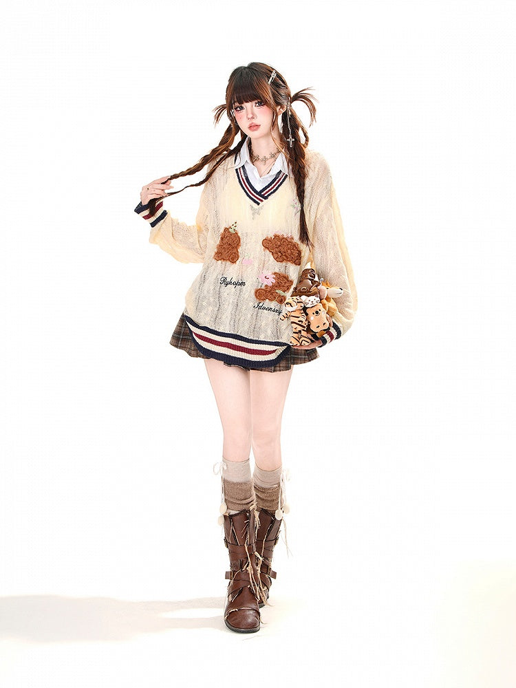 スタイルベア柄 アプリコット プレッピー フェイクツーピースシャツ 日焼け防止 透かし