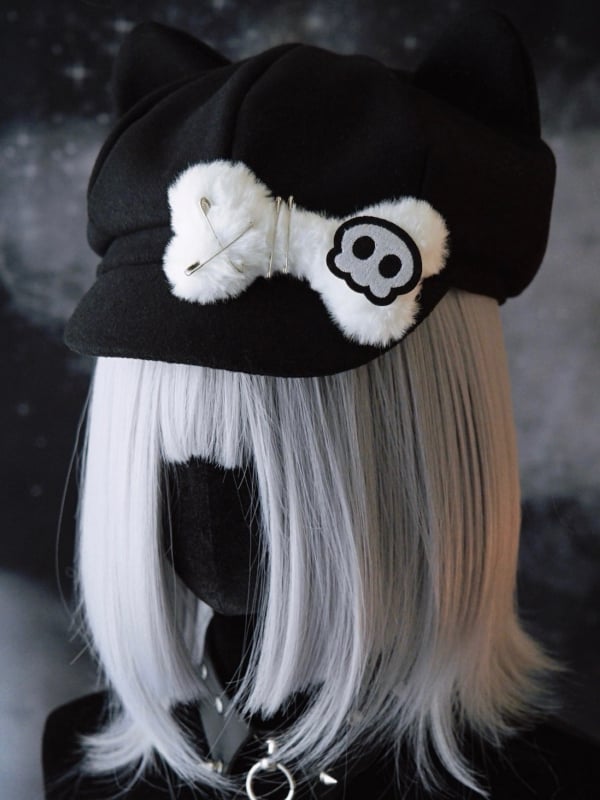 Applique Beret Bone Pin Cat Hat Plush Skeleton Design Decorated Ear Gothic Black