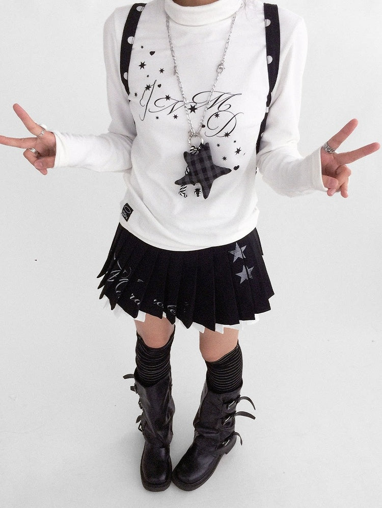 Black star print layered pleated mini skirt from innomoood