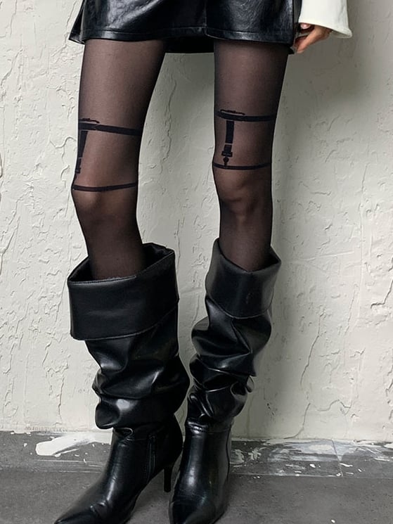 バックルプリントデザインパンクY2Kブラックタイツ