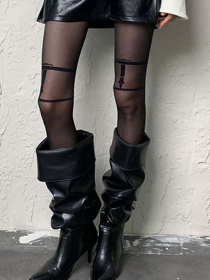 バックルプリントデザインパンクY2Kブラックタイツ