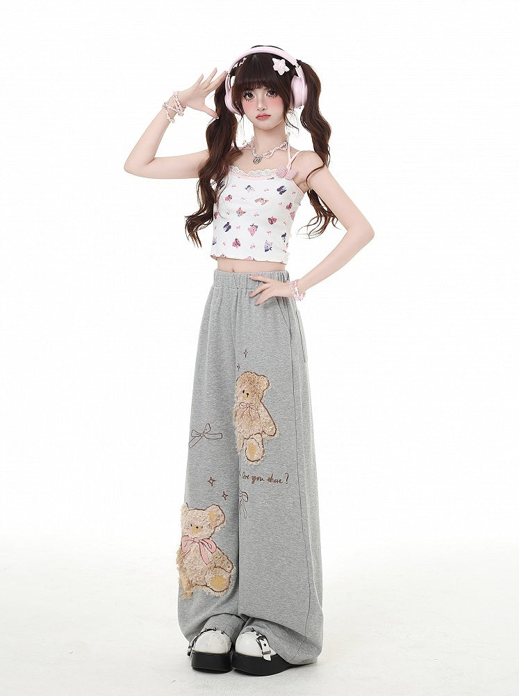 Kaffee/Graue Plüschhose mit Teddybär-Applikation und geradem Bein