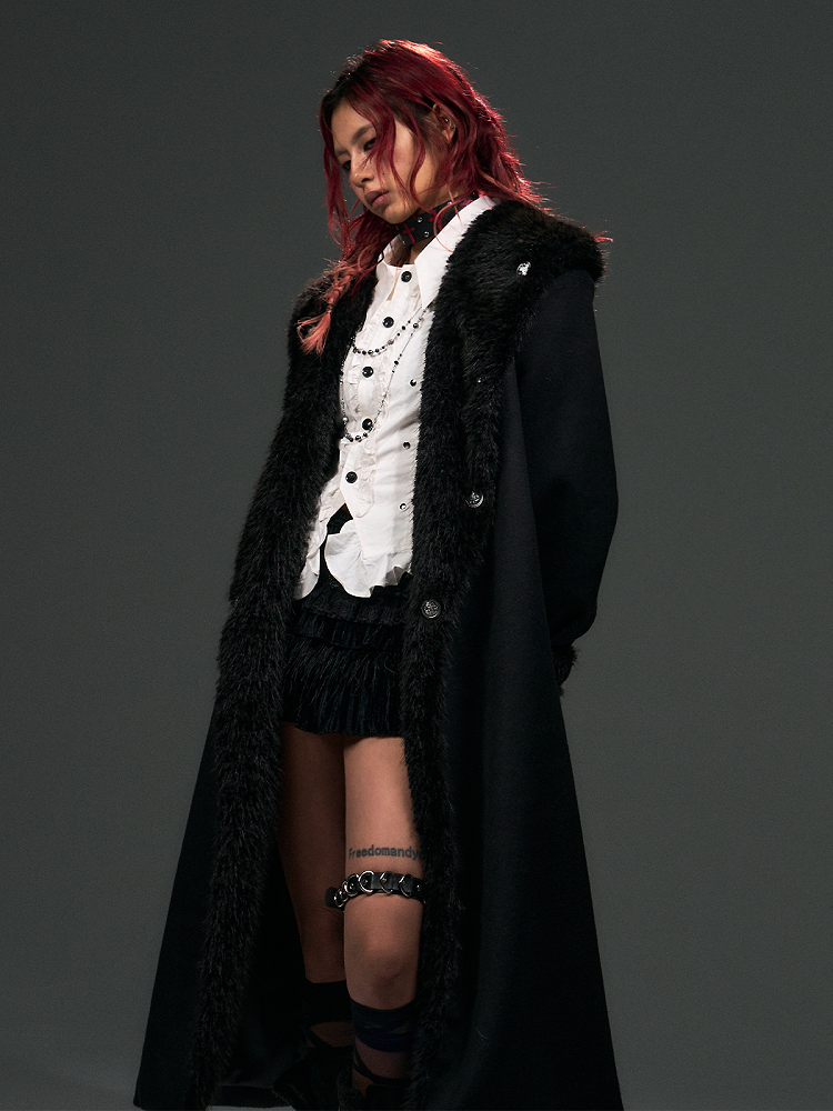 Collar Details Plush Studs Black Coat Punk Tie Wrap Around Long with