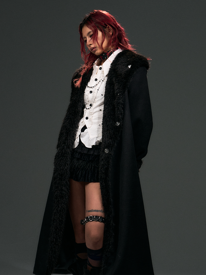 Collar Details Plush Studs Black Coat Punk Tie Wrap Around Long with