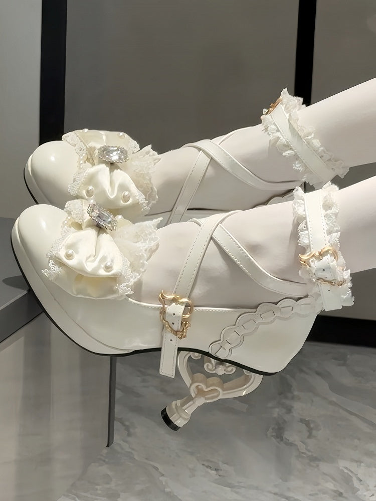 Shoes Off-white Bead - Princess Style Accent High-heel Bow Rhinestone