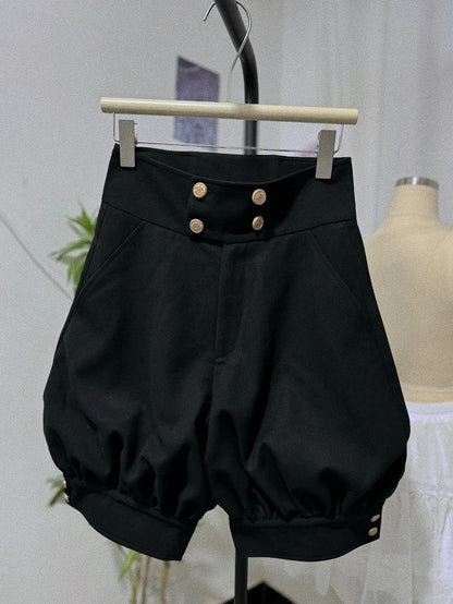 Schwarzes Ouji-Lolita-Outfit mit Hasenohren, Kragen hinten, langen Ärmeln, Oberteil und Knickerbocker-Shorts