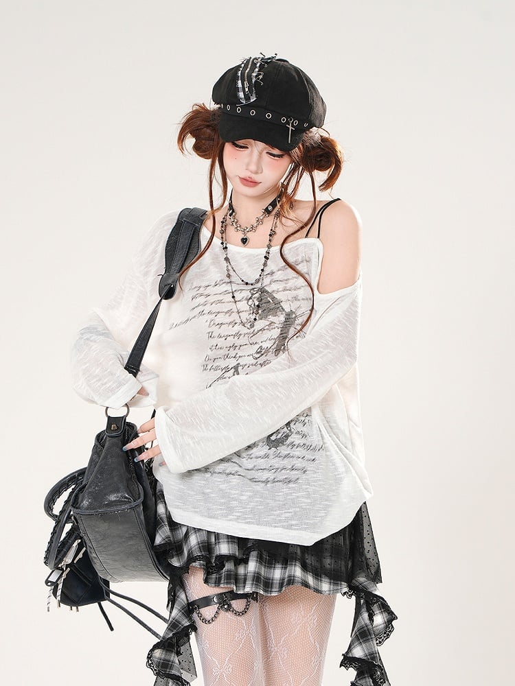 Butterfly Print Asymmetrical Neckline Khaki/White Coverup Semi-sheer