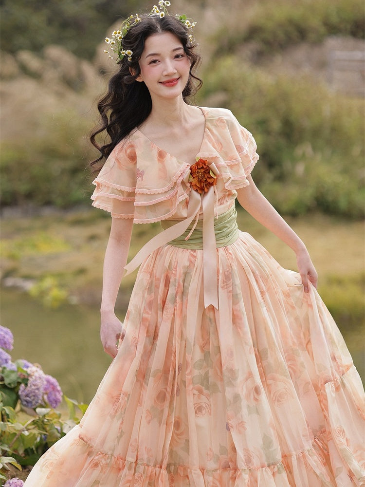 Orange Pink Vintage Floral Print Tiered Shawl Collar Dress