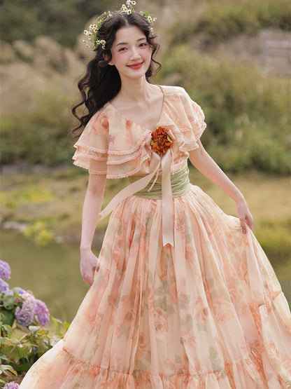 Orange Pink Vintage Floral Print Tiered Shawl Collar Dress