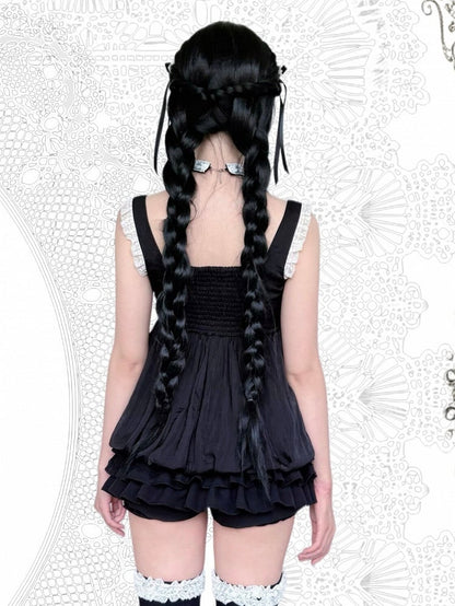 Gothic Black Square-Neck Bubble Hem Cami Top with Lace Accents - Damn Girl