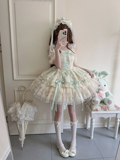 Bow Ballet-Style Details Multi-Layer Dress Cute Lace / JSK with + Ribbon Princess Train Large Green Skirt Only