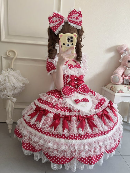 Ärmel Schule Punkte Kleid Muster Rot Lolita Alte Schleife Polka Kurze Akzente