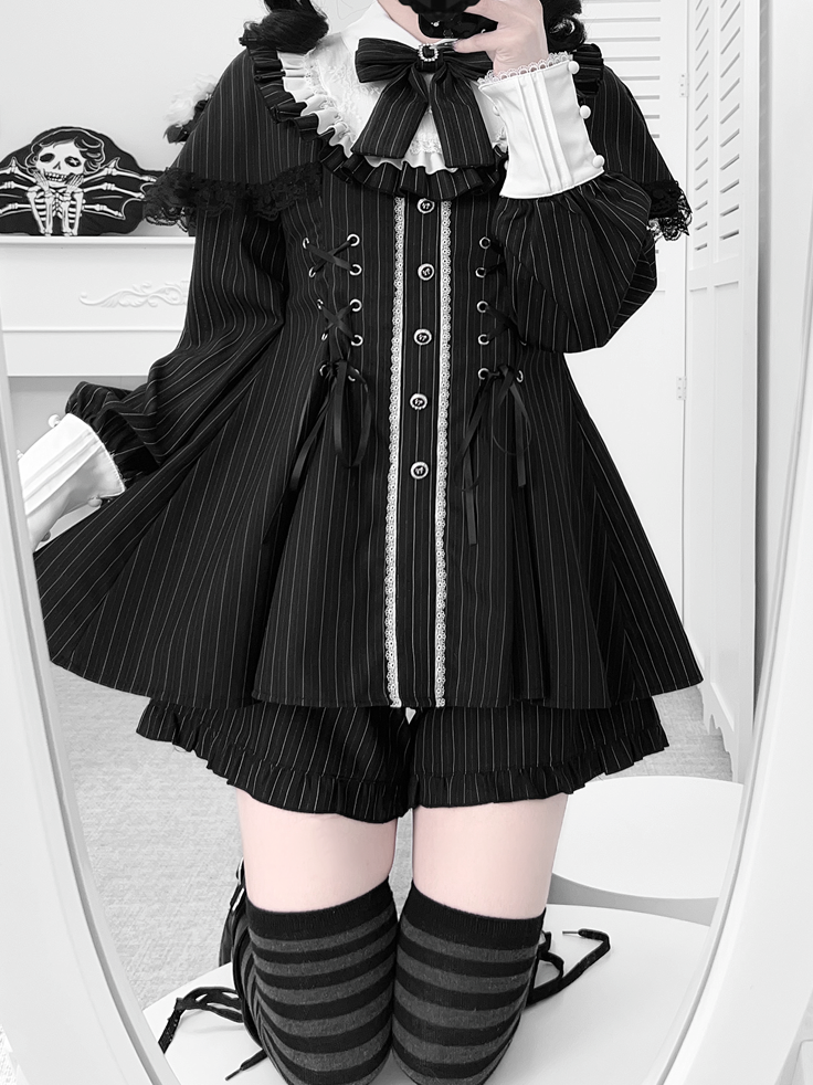 Matching + Bow Shorts Set Design Striped Dress Kei Cape Tie Jirai Black Long-Sleeve Lace-Up