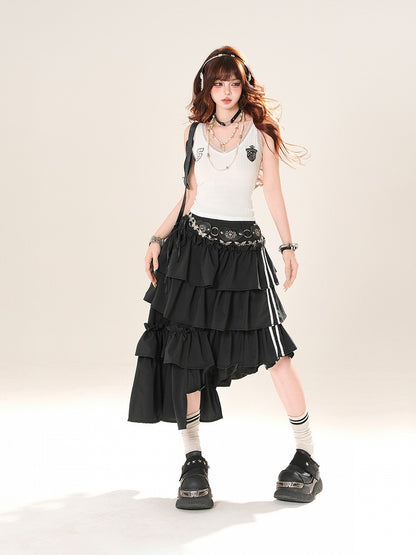 Black Asymmetrical Hem Tiered Skirt