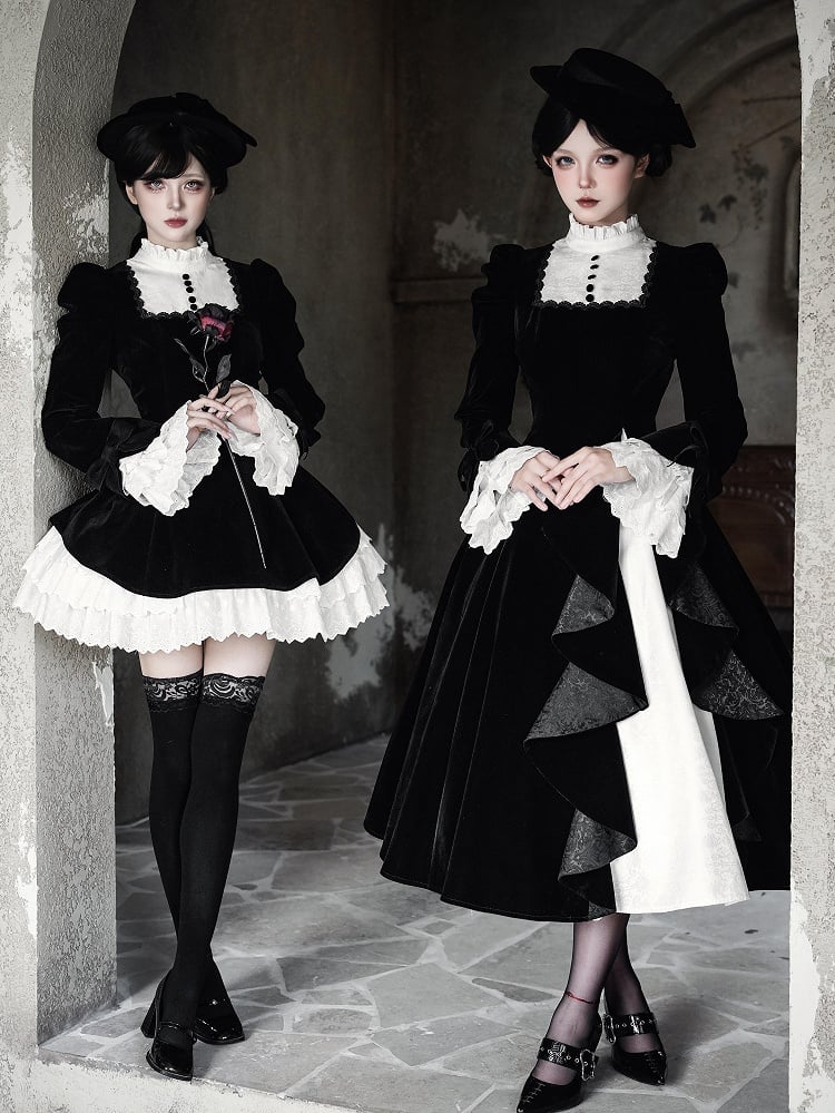Black Cascading Lolita Elegant White Ruffled Dress Jacquard Ruffle Paneled Skirt with Fabric Neck