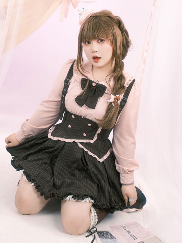 Elastic Size with Set: Straps Trim Black Striped Waist Skirt Adjustable Overall Ruffled Bloomers Plus