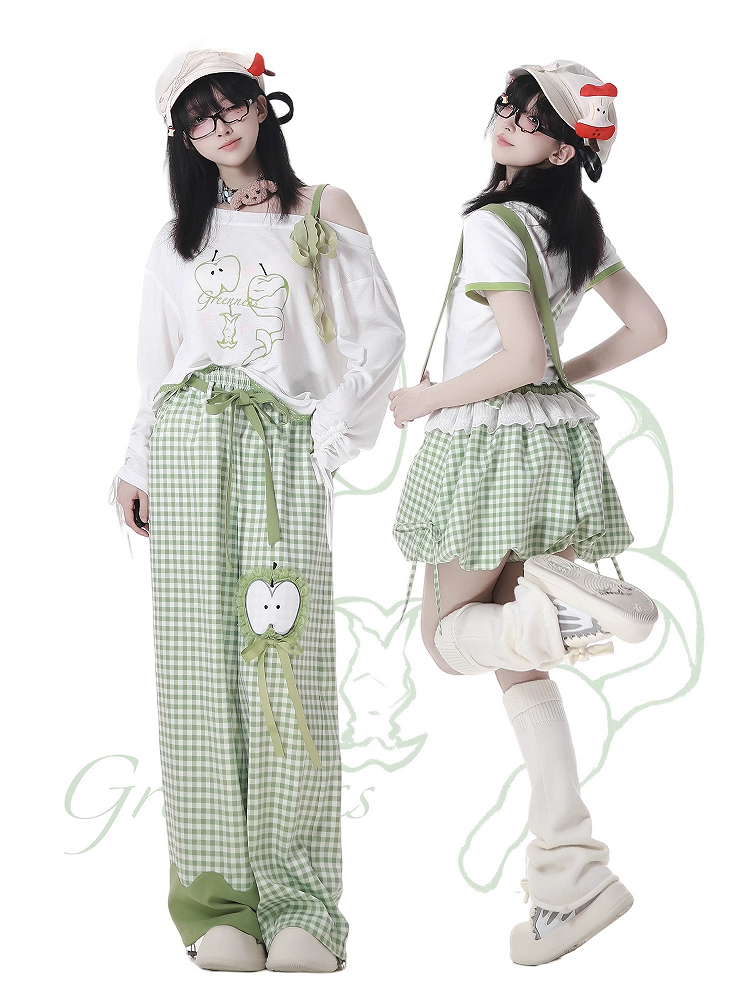 Green Apple Print Drawstring Cuffs White Asymmetrical Neckline Coverup