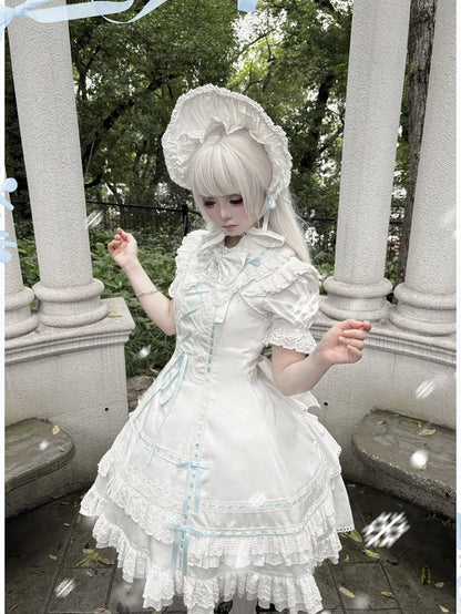 Blue-White Kawaii Cotton JSK Gown with Ribbon and Ruffle Embellishments