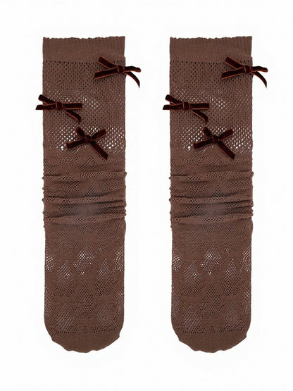 4-Color Ribbed Mesh Calf Socks with Bow Decoration - ModaSwings